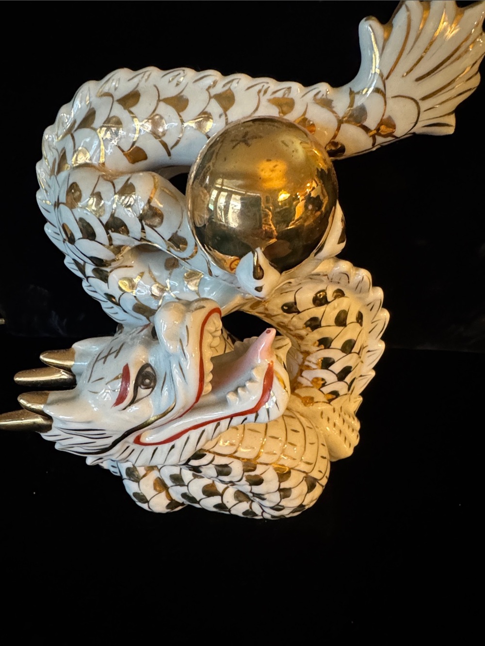 Vintage White and Gold Celestial Chinese Dragon Figurine w/ Flaming Pearl